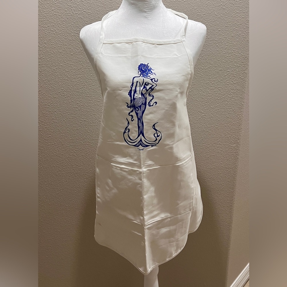 Mermaid Print Apron in Cream and Blue